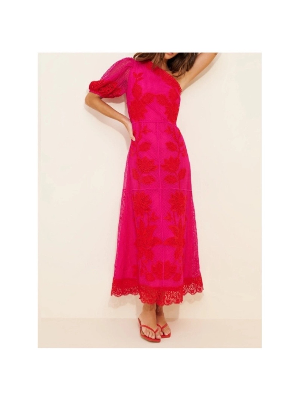 FARM Rio Guipuire One-Shoulder Fuchsia & Red Lace Midi Dress M